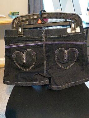Affliction Black Denim Shorts with Purple Stitching and Heart Zip Pockets